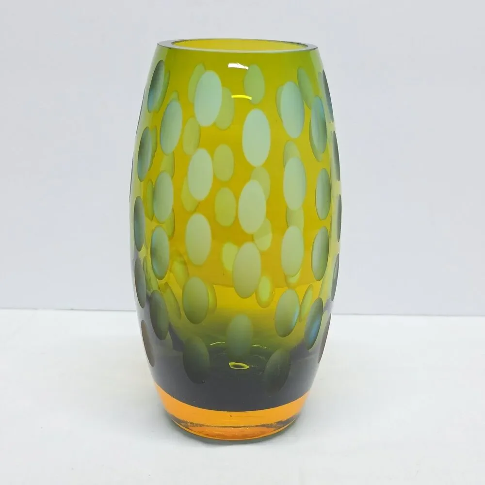 Vintage MCM Abstract Art Glass Vase Green & Amber Frosted Thumbprint